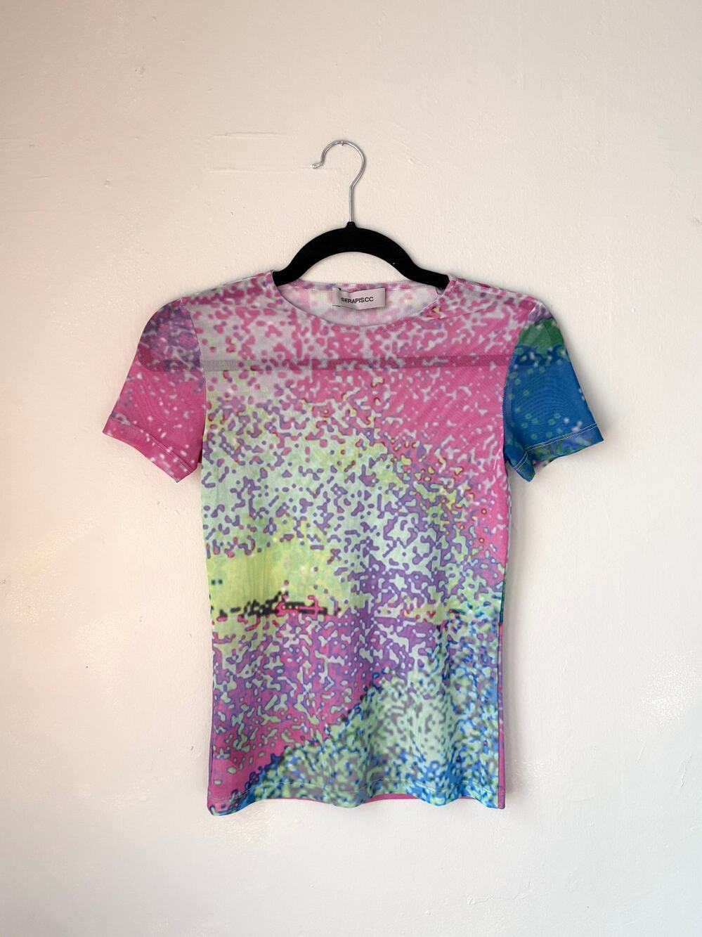 Serapis Maritime Graphic Mesh Top | Abstract Designer Pixel Print Sheer Tee | XS